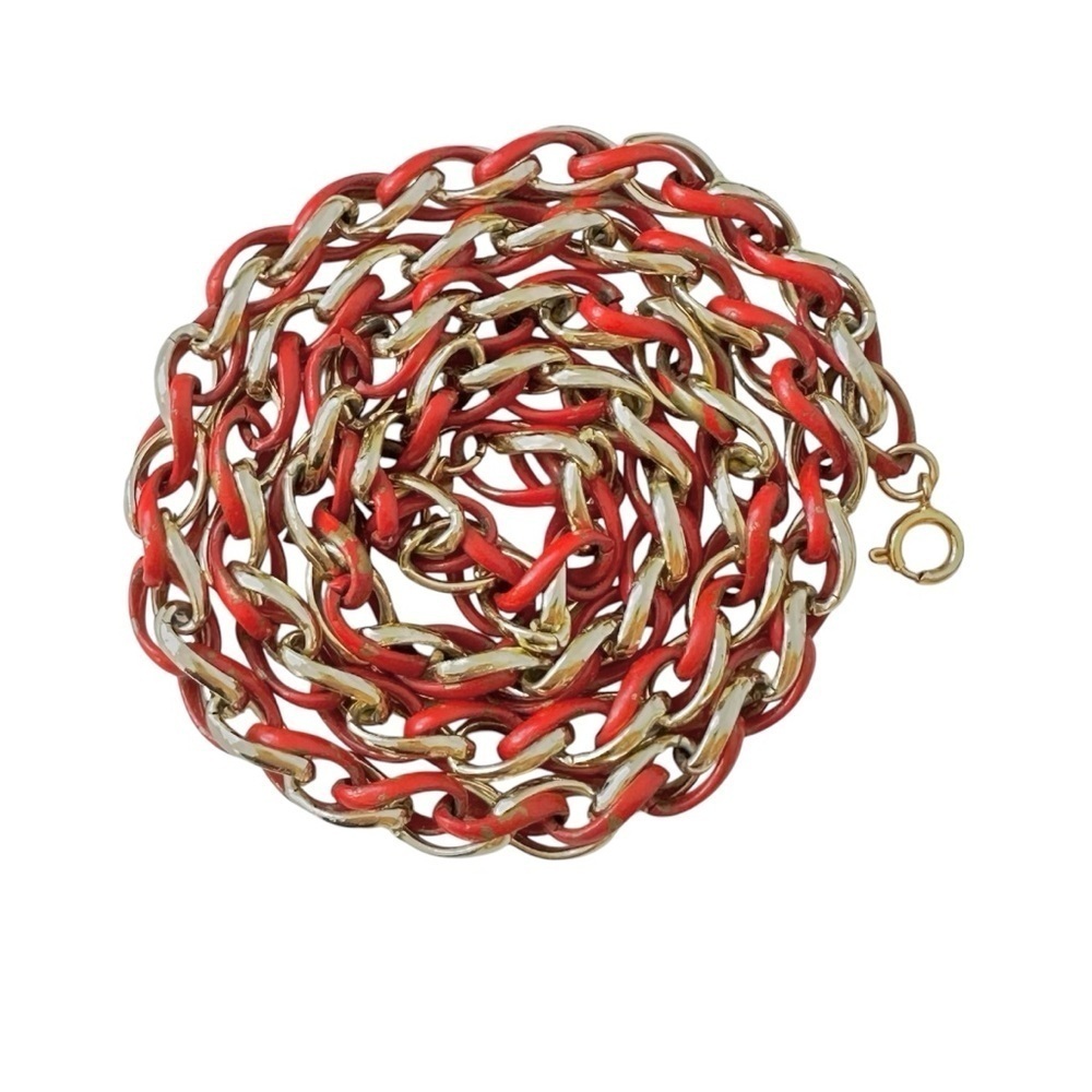 Vintage 80's Trifari Red Enamel Gold Plated Woven Layering Necklace - 24 inches - Picture 6 of 7